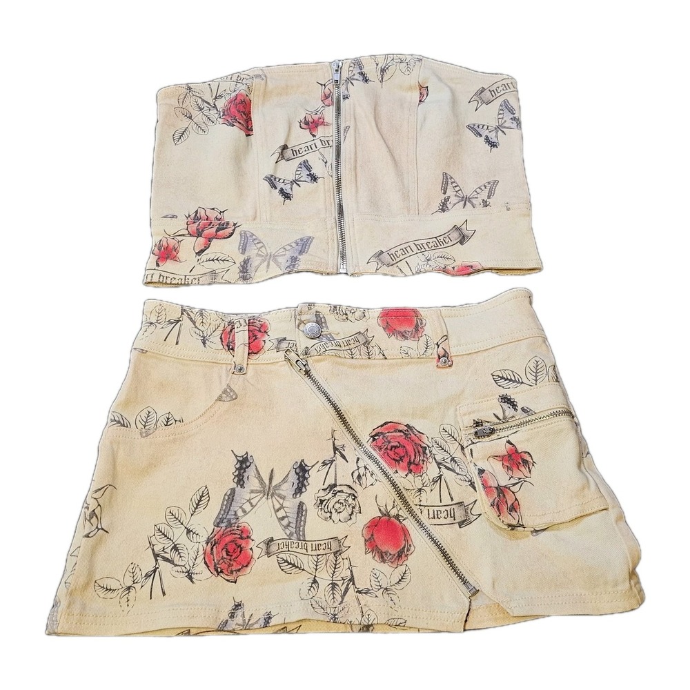 Forever 21 Yellow Rose Heart Breaker Denim Strapless Top Skirt Set Y2K 90s Retro